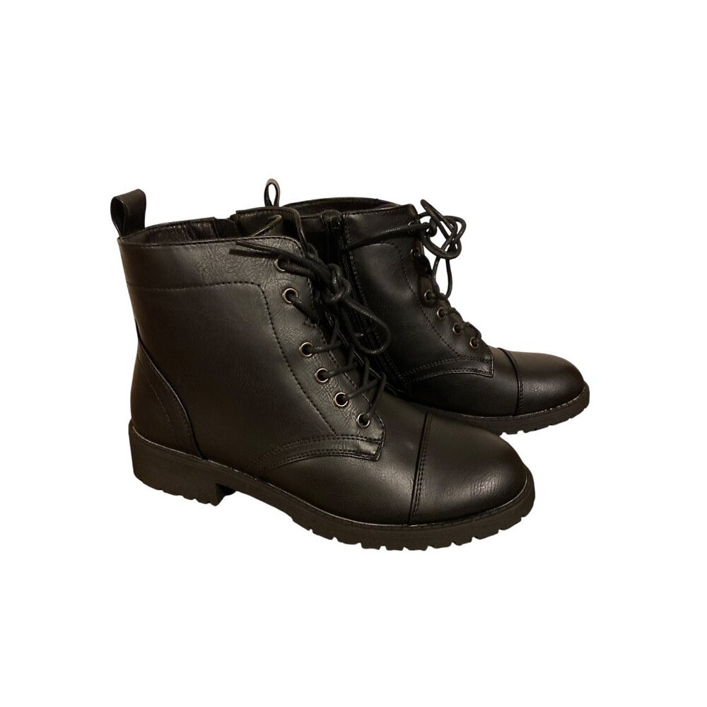 Womens Black Ankle Combat Boots With Lace-Up & Side Zipper Closure Synthetic Lea